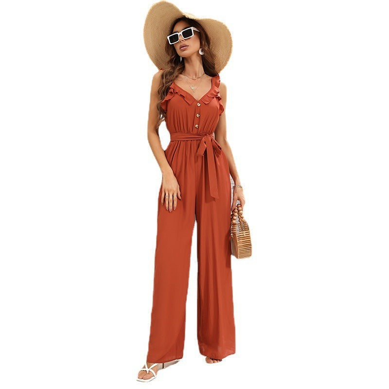 Women's Orange Jumpsuit V-neck Slim